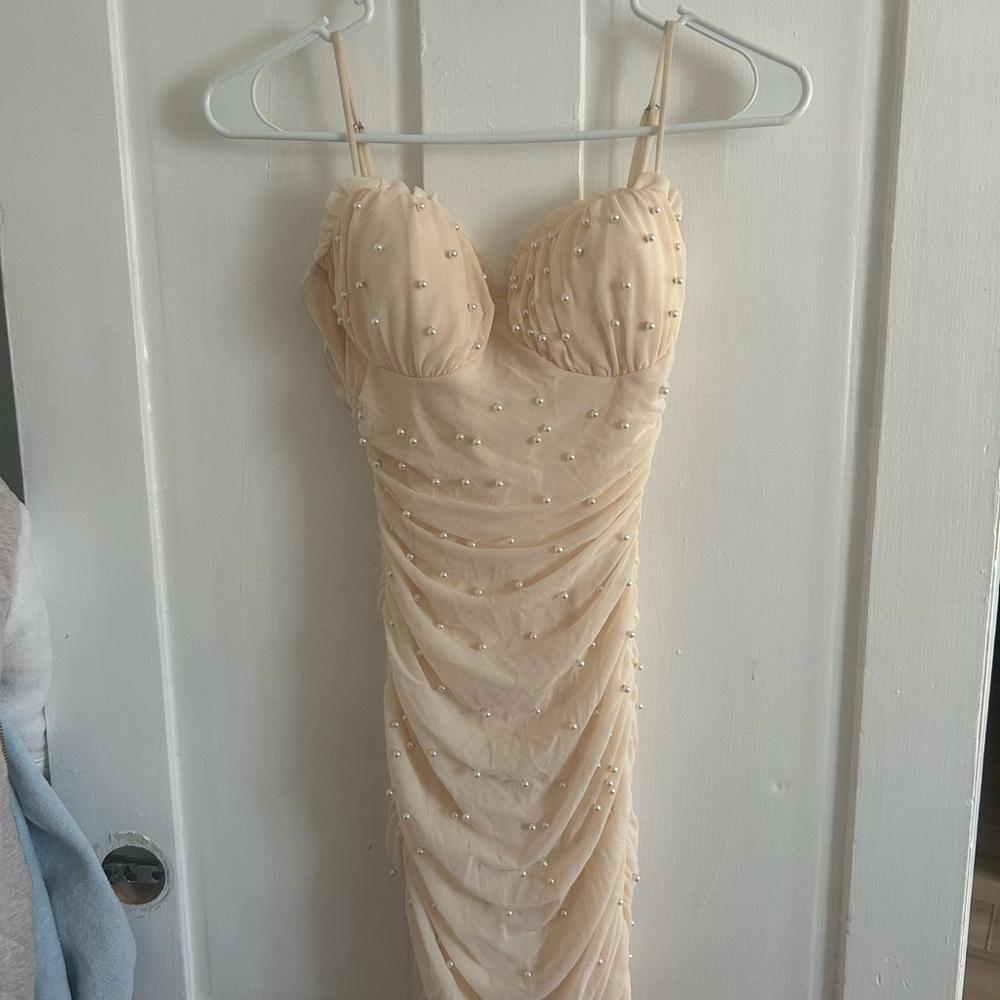 Elegant Beige Dress with Pearl Accents